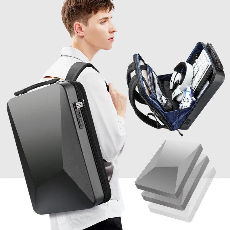 Black hard shell PC gaming backpack with lock opening and double shoulder straps