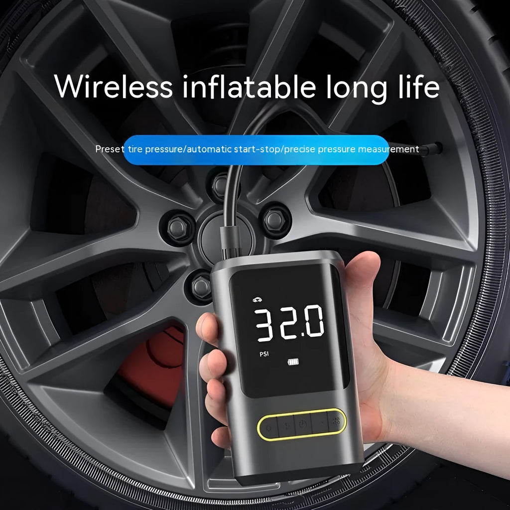 Handheld wireless digital tyre inflator with display screen, LED light, and air hose.