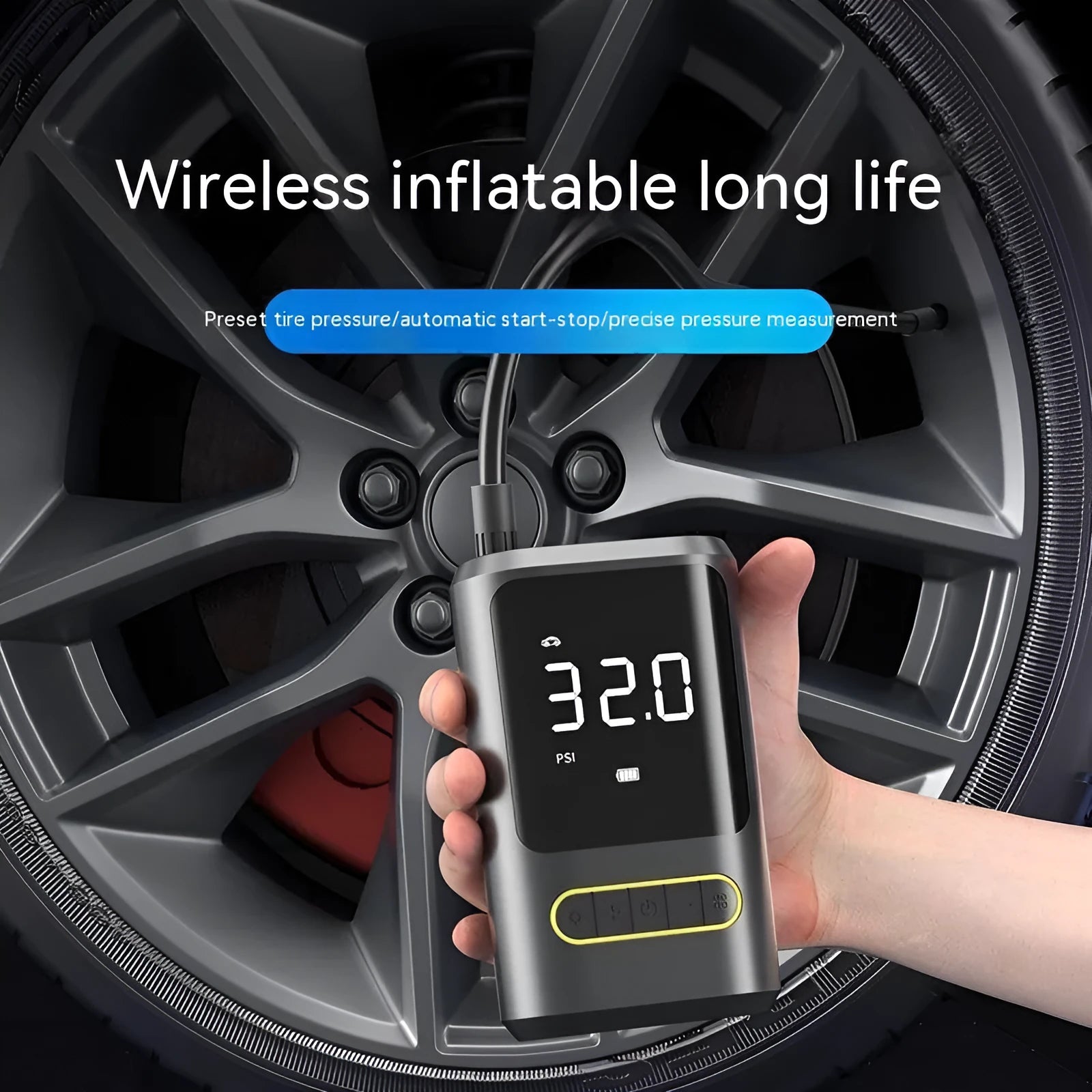 Handheld wireless digital tyre inflator with display screen, LED light, and air hose.