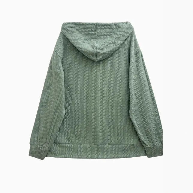 Green women's hooded sweater coat with full-length front zipper and loose casual fit