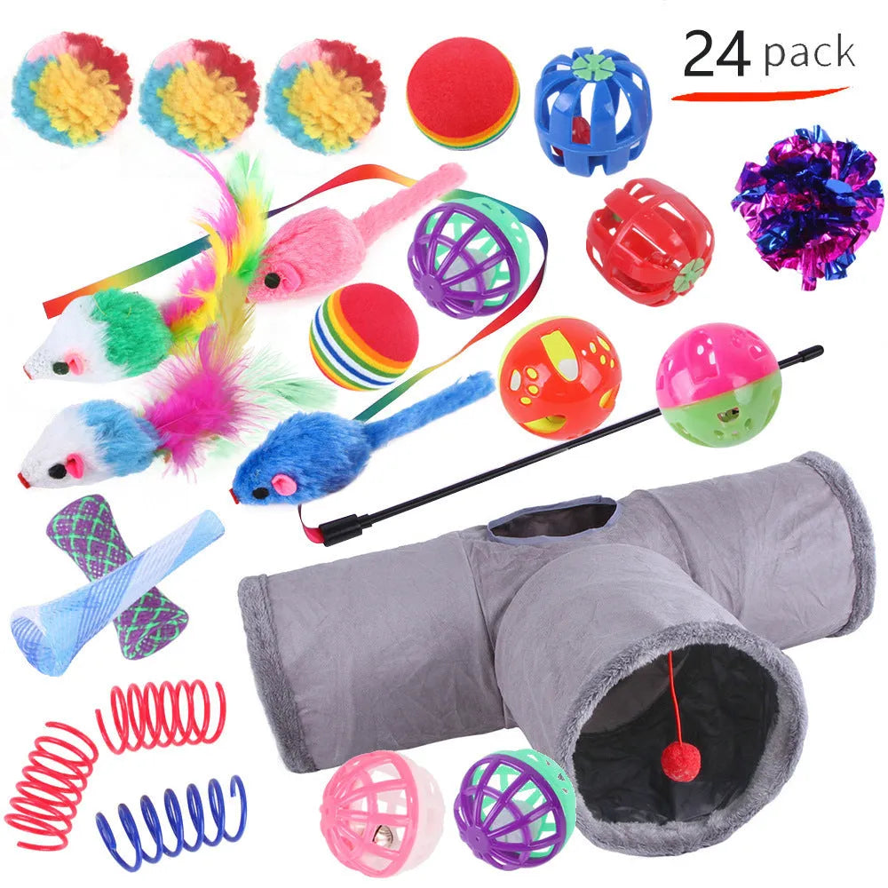 Plastic cat toy channel maze set with coloured accessories for feline play
