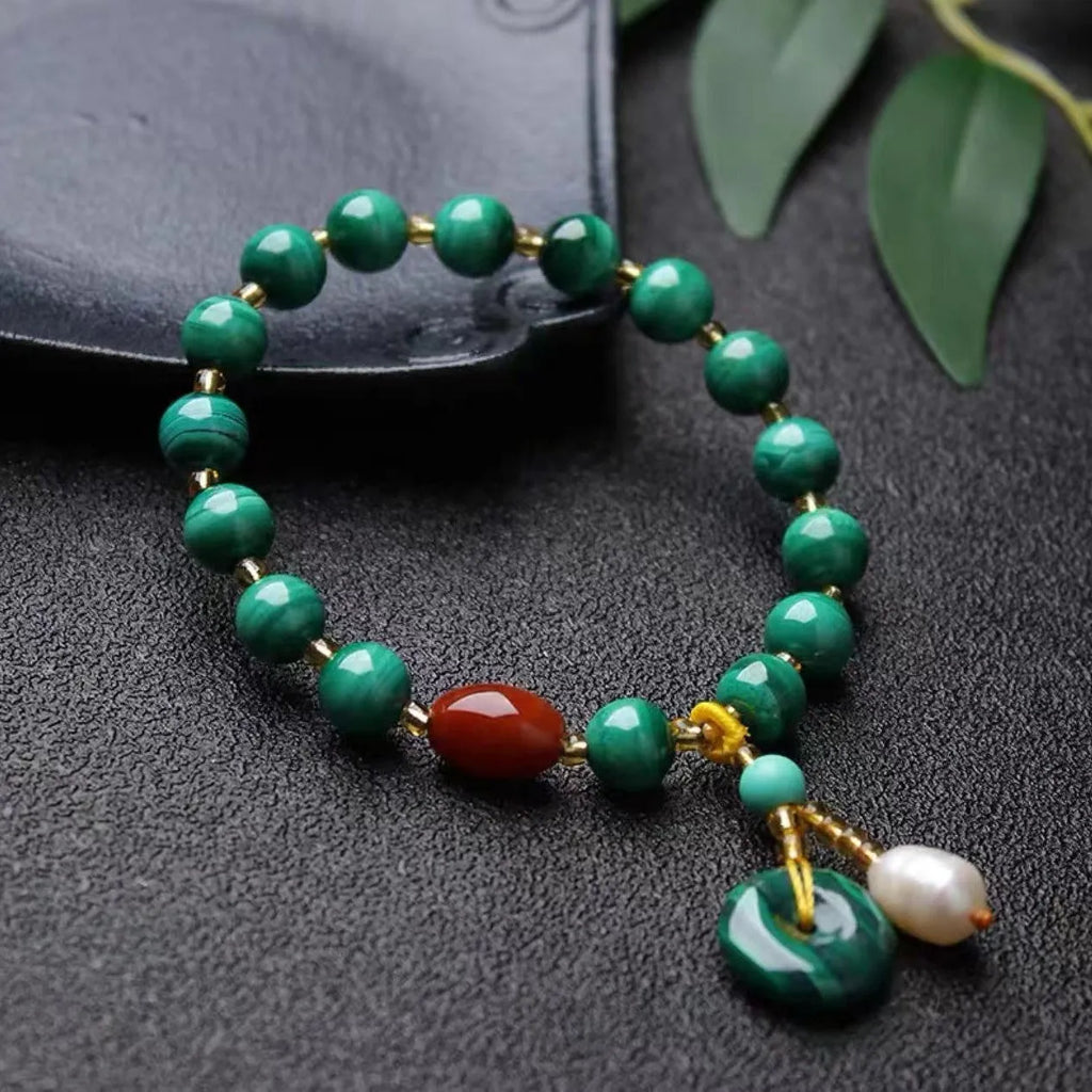 Natural green malachite and red agate barrel bead bracelet with approximately 7-8mm beads
