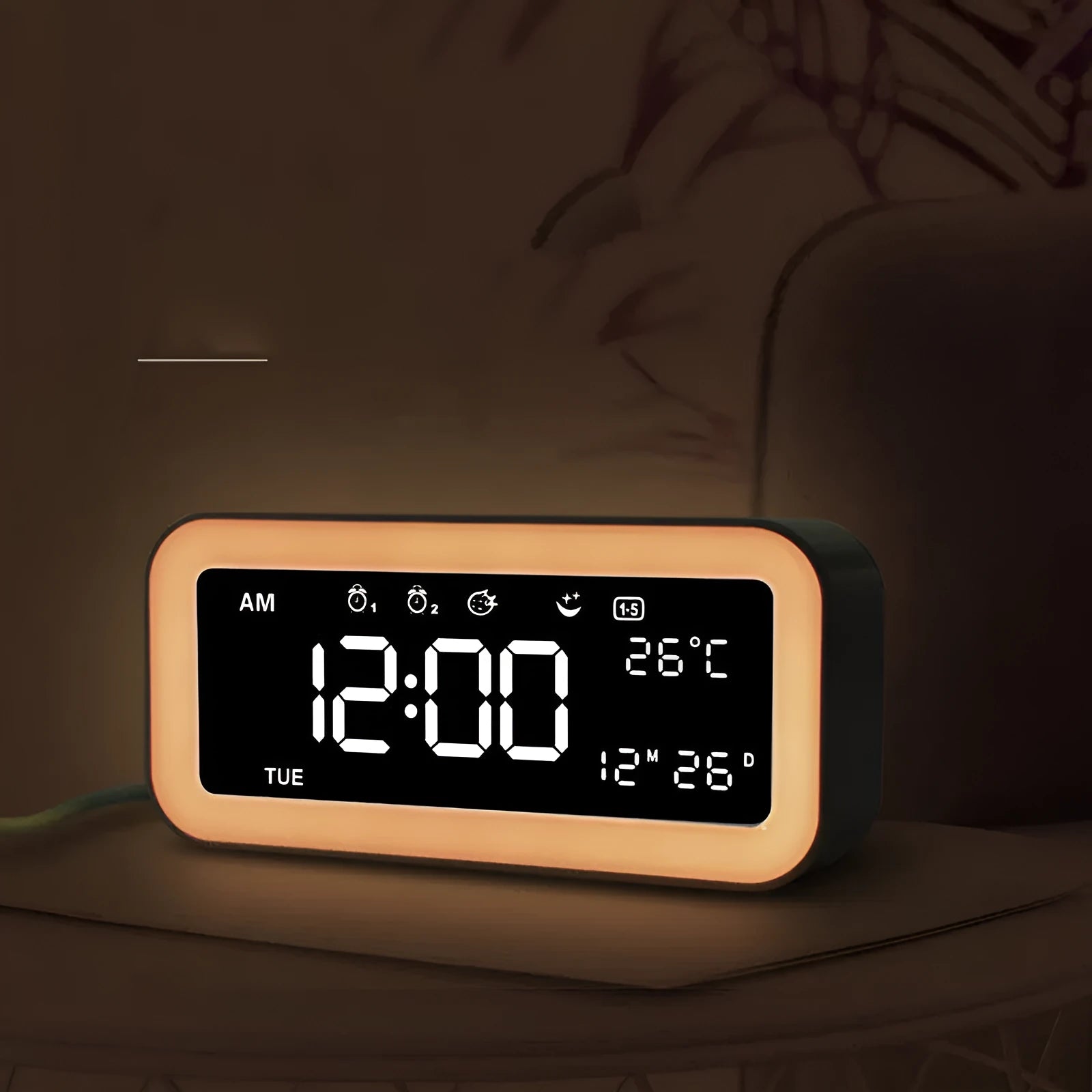Blue rectangular LED atmosphere light alarm clock with digital display on wooden surface
