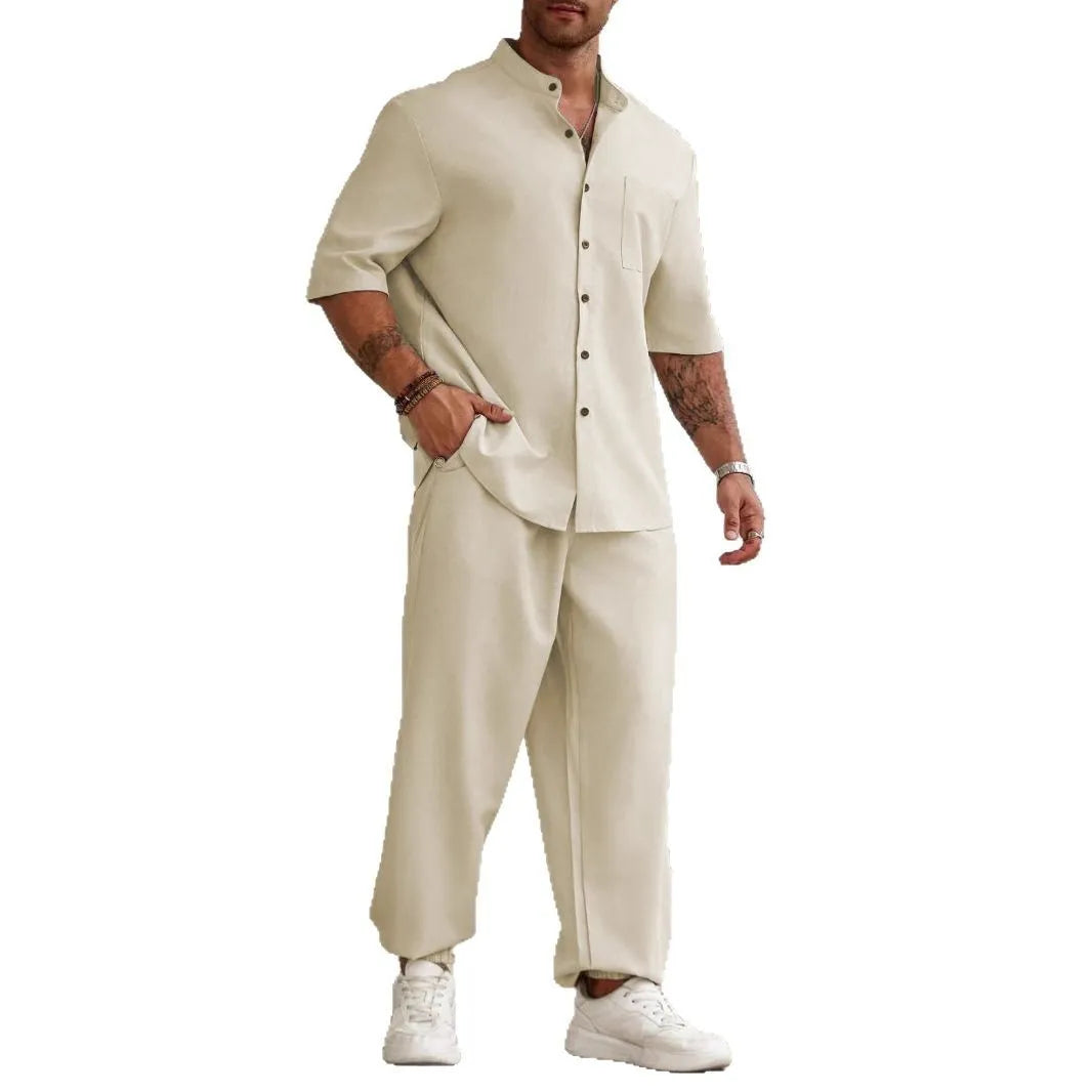Men's cotton linen casual trousers set with short-sleeved button shirt in black, gray, or apricot