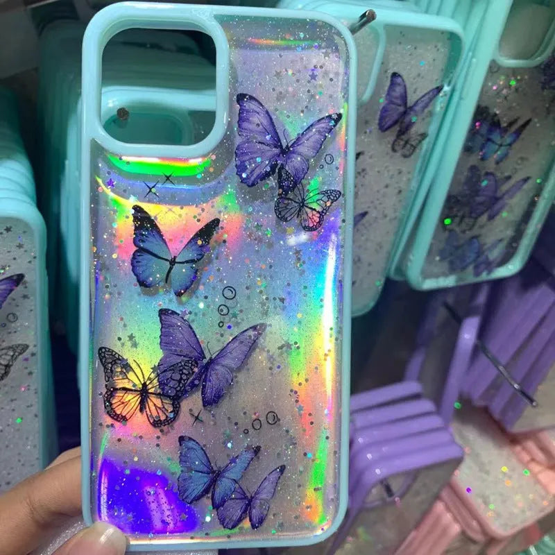 Gray epoxy glitter butterfly TPU phone case for iPhone on white background