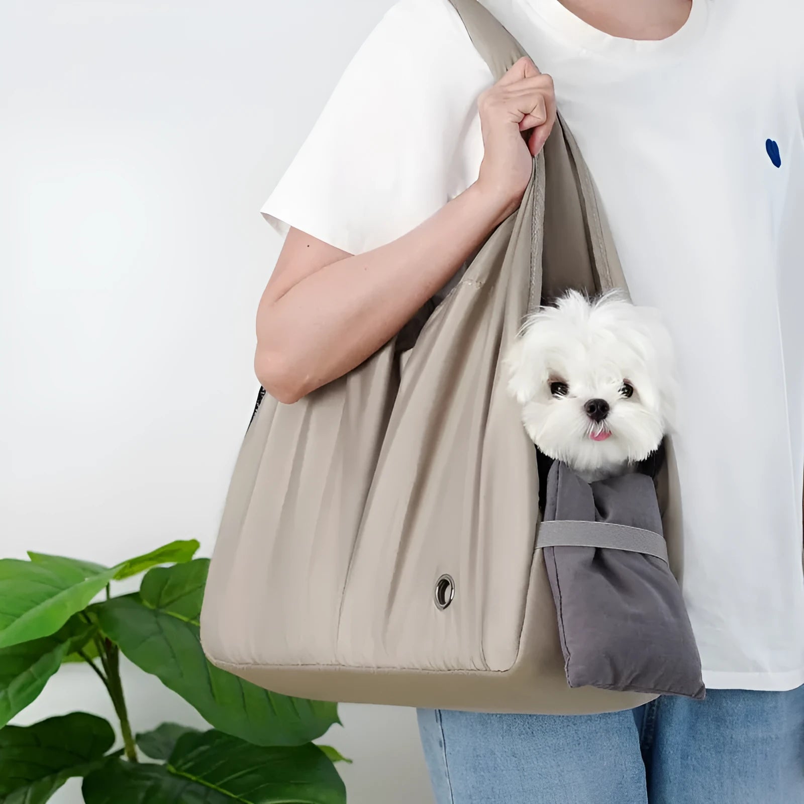 Apricot cloth pet summer breathable handbag carrier measuring 41cm by 16cm by 28cm