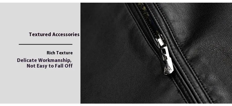Thin fleece-lined genuine leather jacket in black colour block design with straight hem and loose fit
