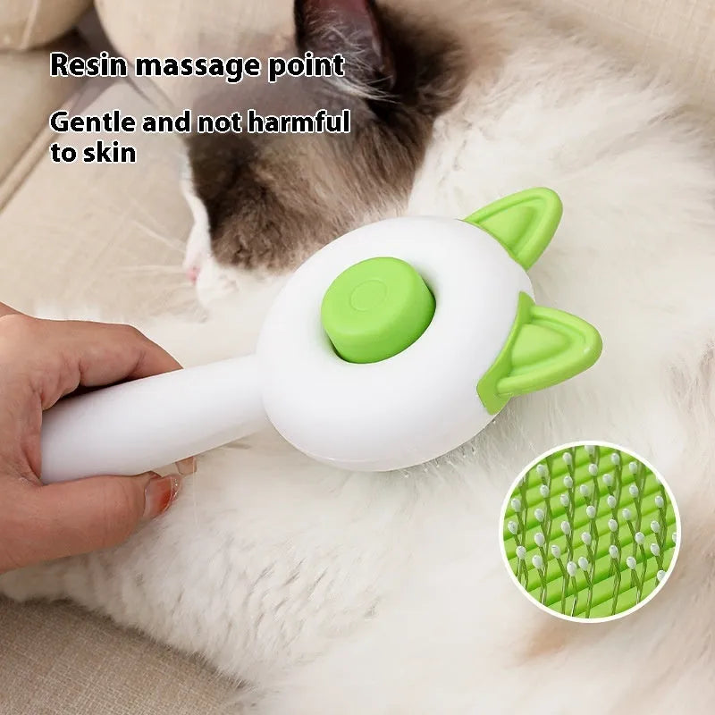 Self-cleaning cat grooming comb with stainless steel blades in greenish white or orange white colours