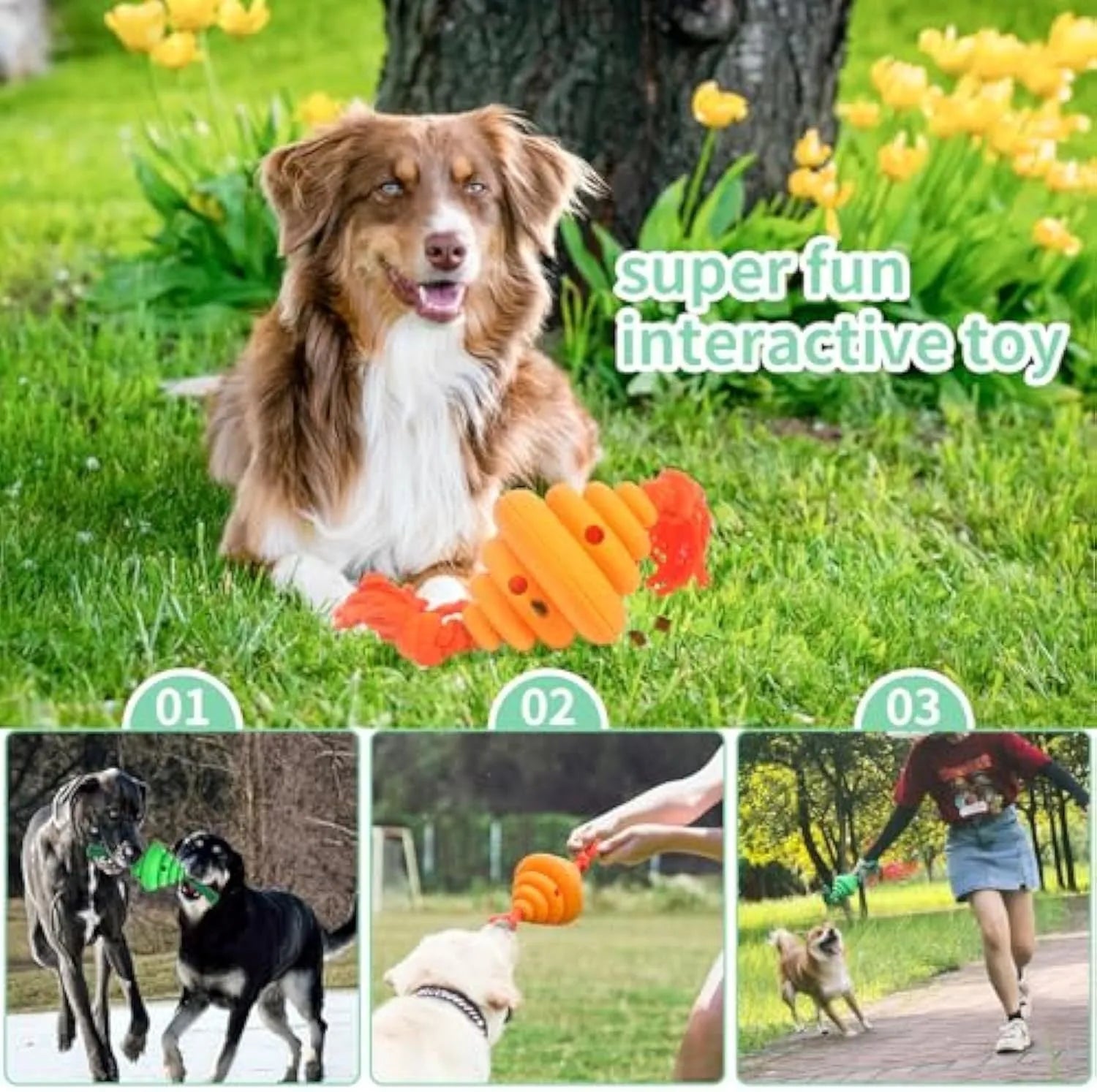 Green and yellow silicone dog ball with rope knot, showing spiral design for treat dispensing.