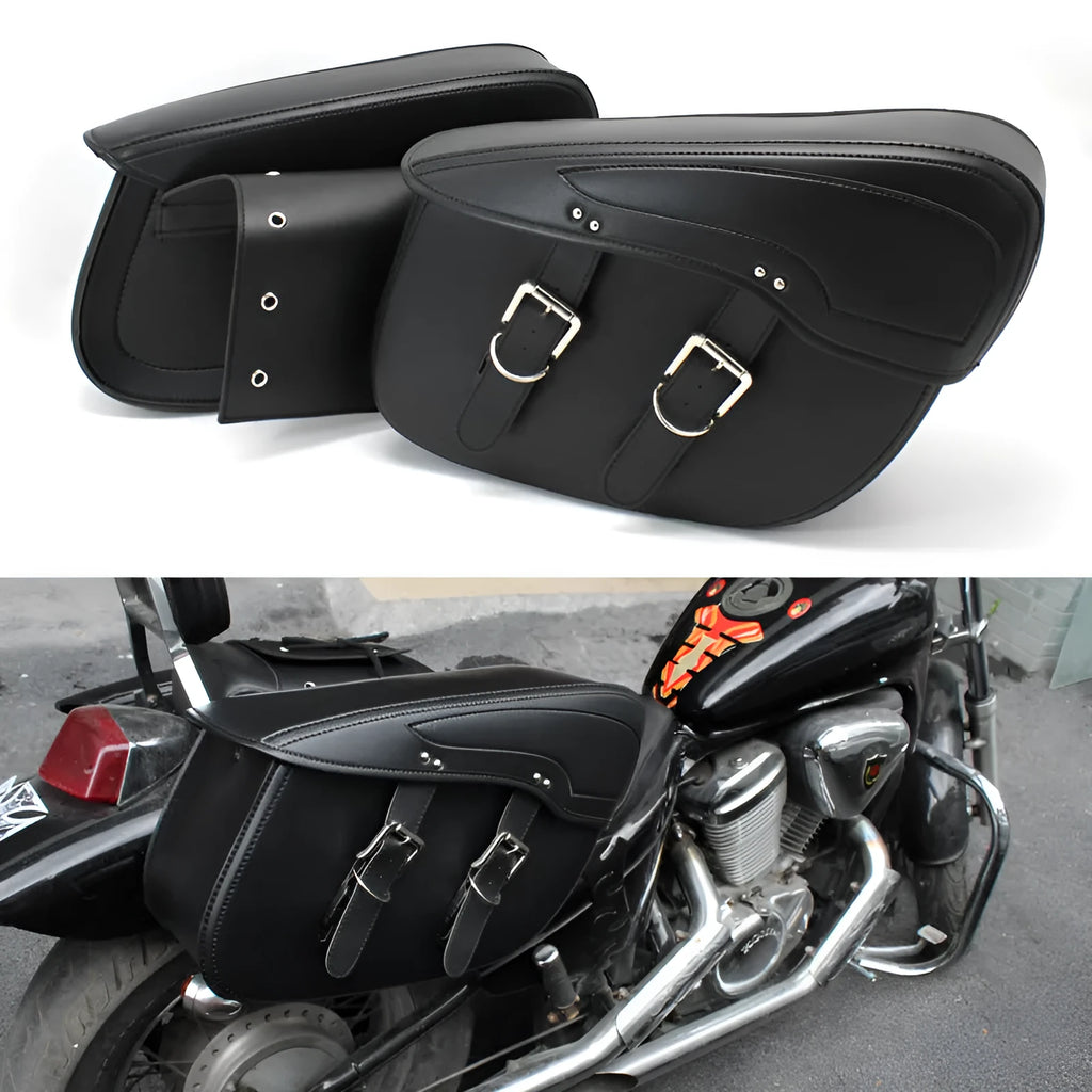 Motorcycle side box saddle bag in PU leather with retro styling and 42cm dimensions
