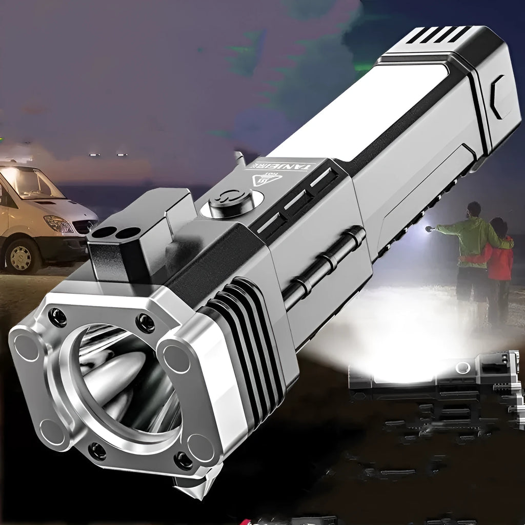 Silver plastic LED torch with integrated power bank, shown with USB port for charging devices.
