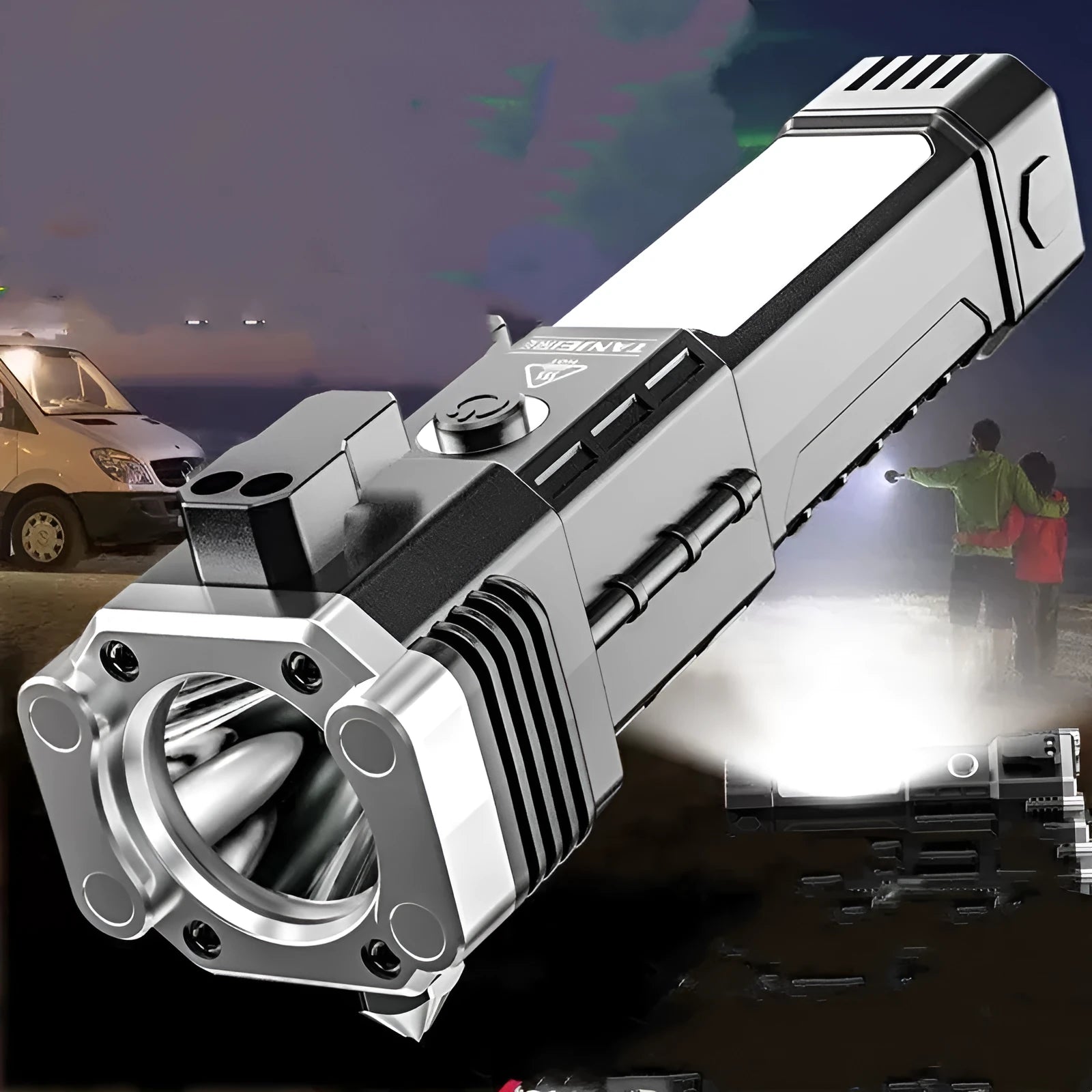 Silver plastic LED torch with integrated power bank, shown with USB port for charging devices.