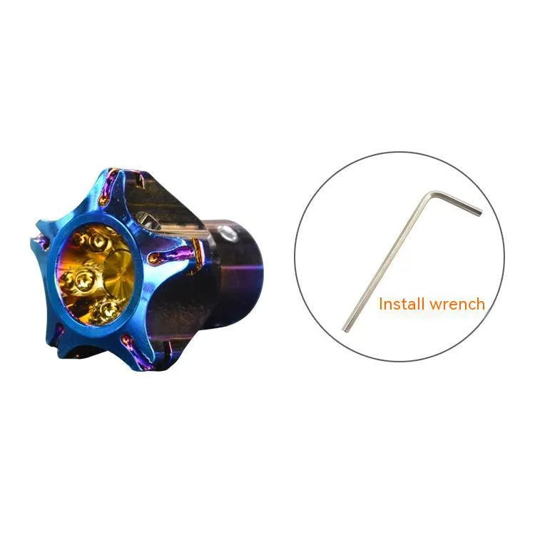 T6 aluminium motorcycle key cover in hexagonal, pentagram, and plum blossom designs with blue and white keychain.