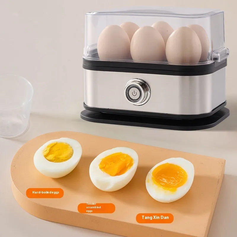 Black portable stainless steel egg boiler with plug adapters for US, UK and EU sockets.