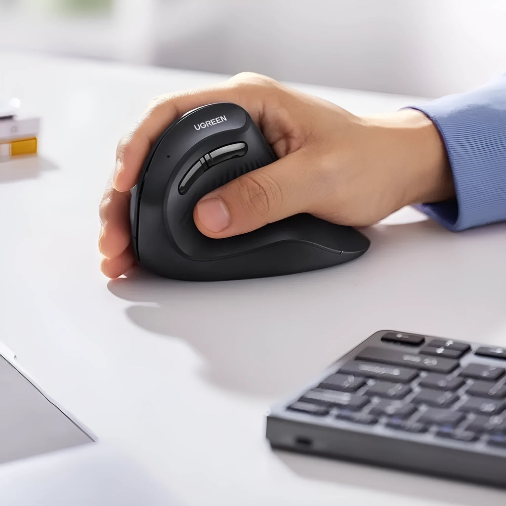 Ergonomic vertical dual-mode wireless mouse MU008 in black, with silent click buttons and DPI adjustment