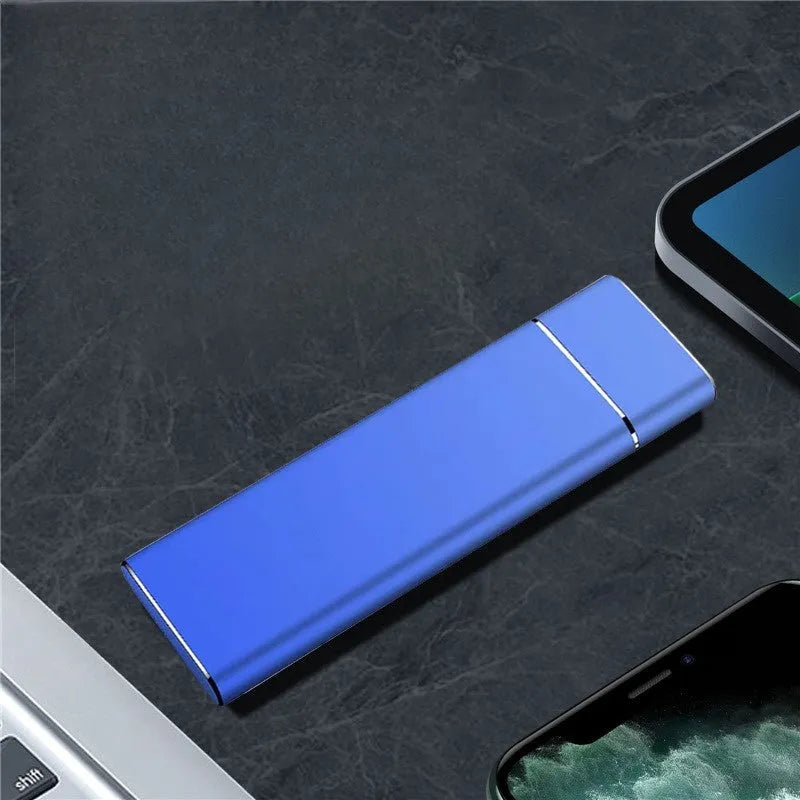 Sapphire blue portable solid state external hard disk with metal shell showing compact design