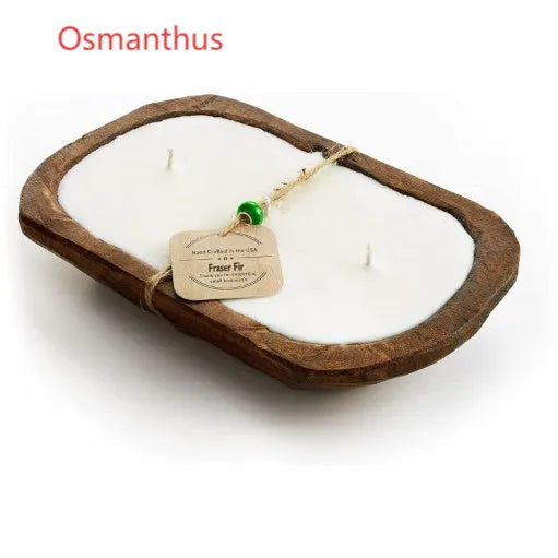 Retro-style wooden basin containing a Lavender soy wax aromatherapy candle with three visible wicks.