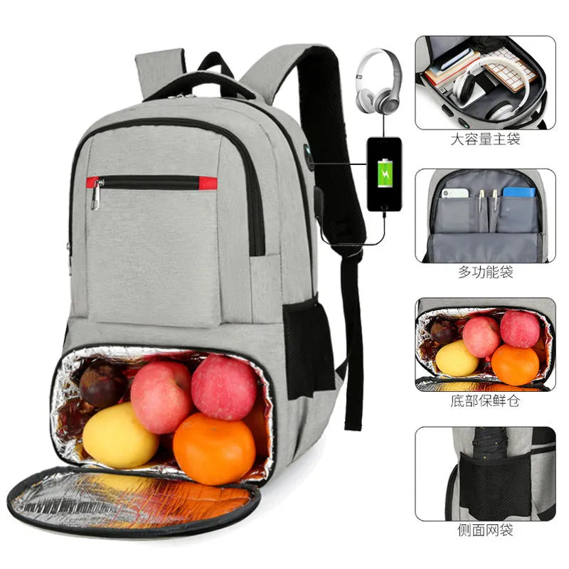 Light grey Oxford cloth insulated picnic backpack with curved shoulder straps and multiple compartments.