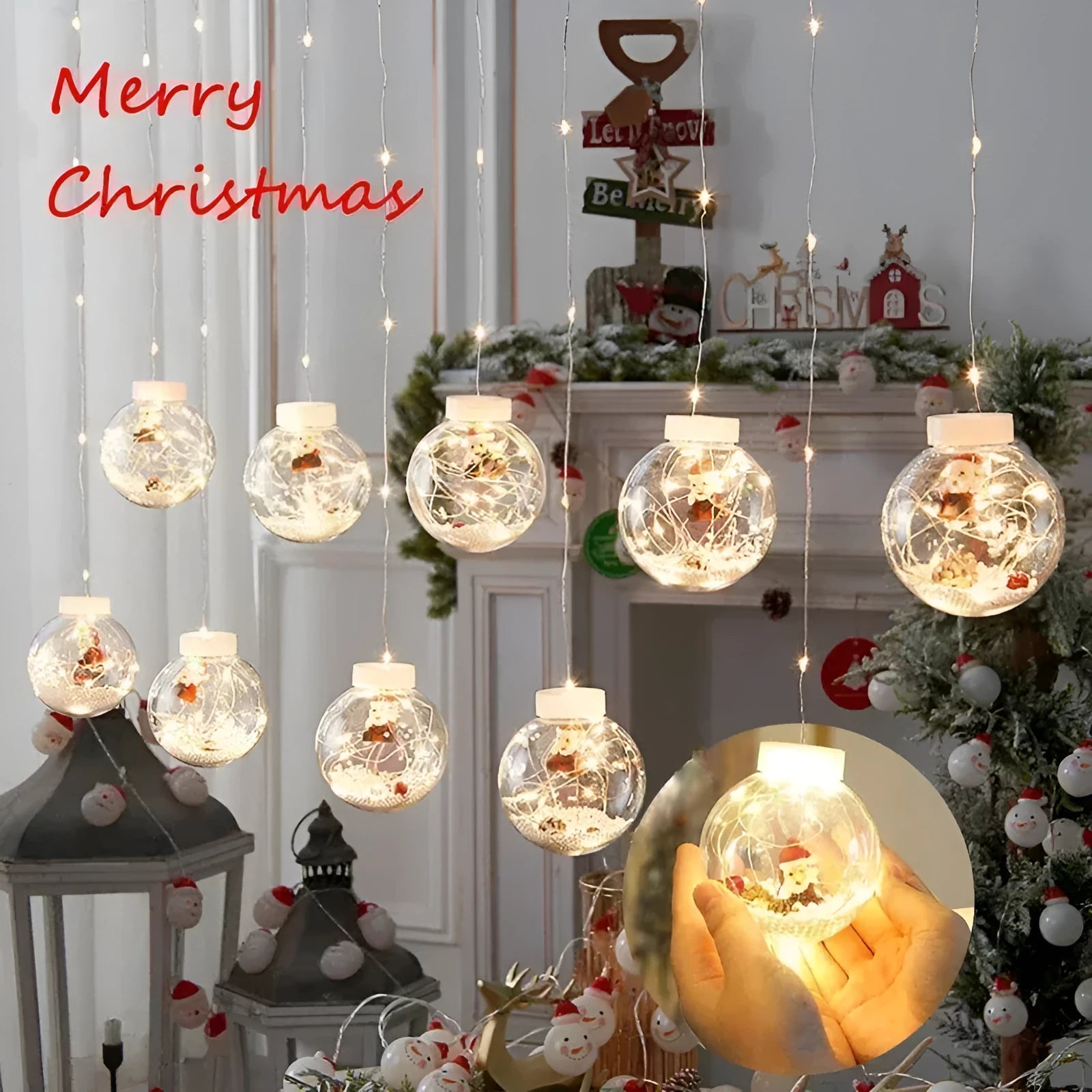 LED Christmas curtain light string with 10 wishing ball lamps showing snowman, Christmas tree and elder designs