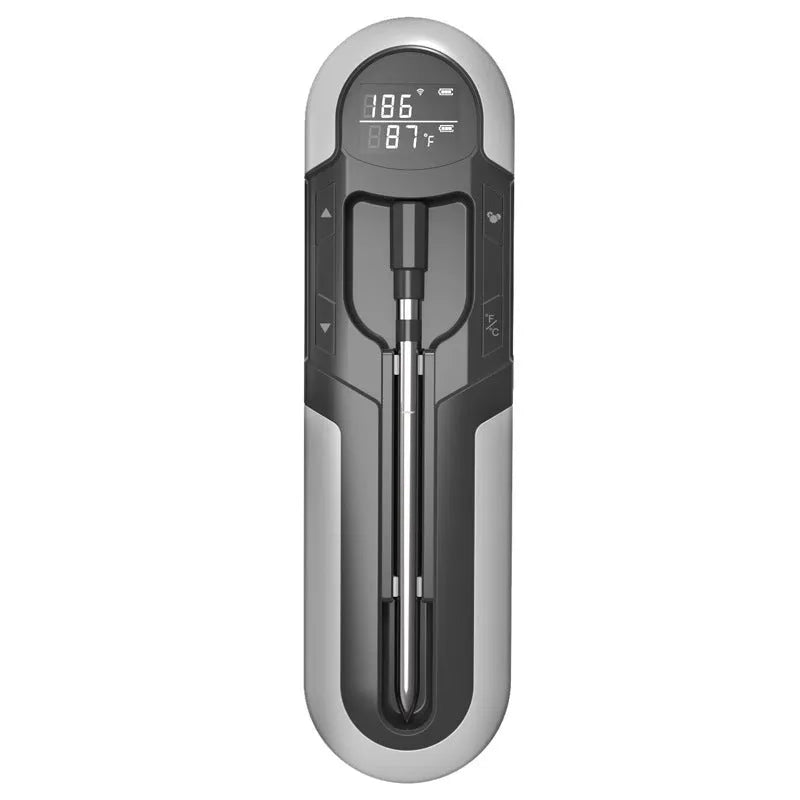 Bluetooth barbecue thermometer in blue with magnetic back and temperature display
