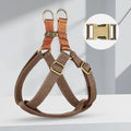 Brown vest-style anti-loss dog leash for a small dog, showing cotton belt and alloy fastener.