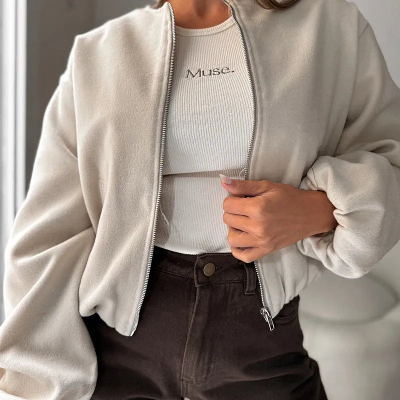 Women's off-shoulder round neck short coat with lantern sleeves in brown colour