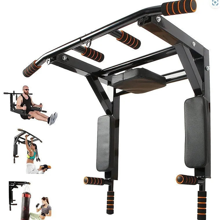 Black wall-mounted sandbag rack with integrated parallel pull-up bars for fitness training