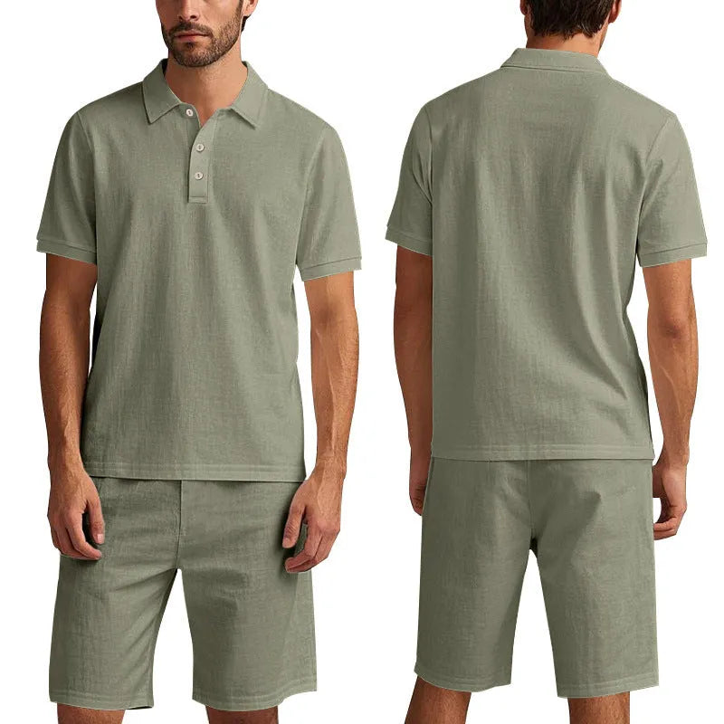 Men's light-coloured linen summer suit with short-sleeved shirt and matching shorts on hanger