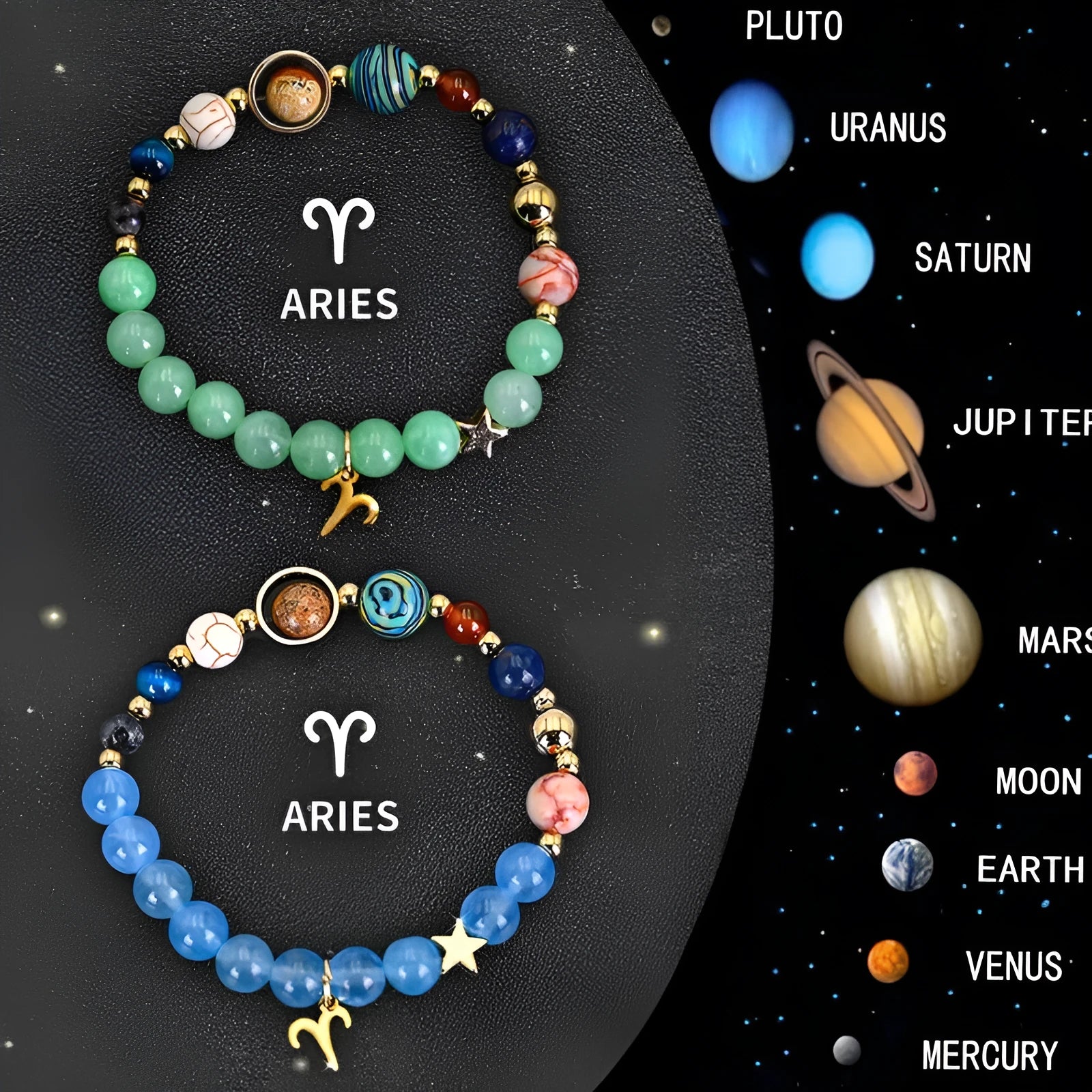 Two natural stone beaded bracelets with Chinese zodiac animal designs on elastic wristbands.