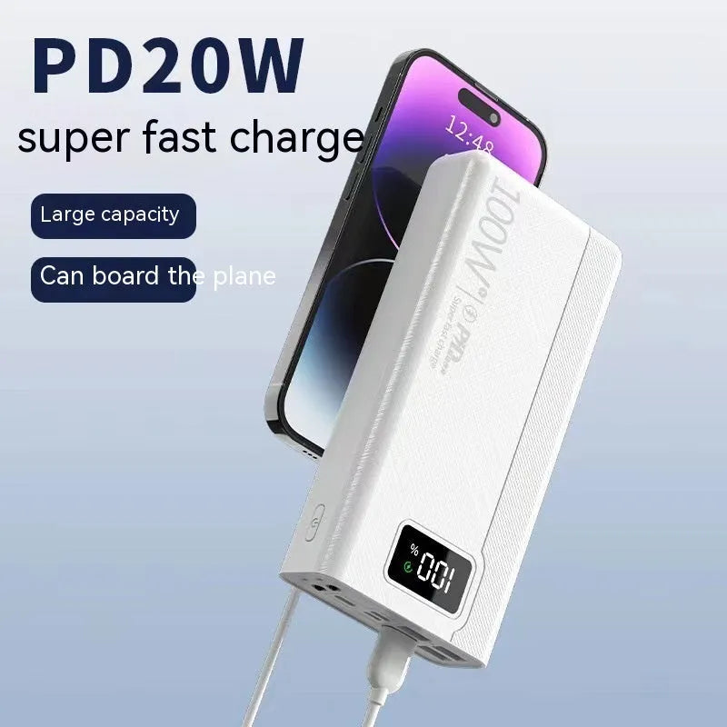 Large capacity power bank in black or white with plastic shell and multiple charging capacity options