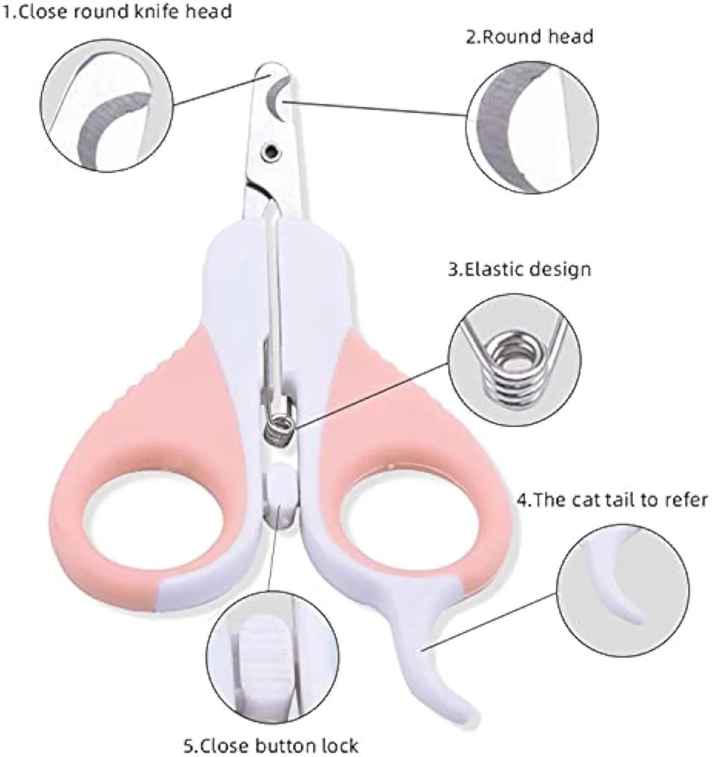 Grey cat nail clippers with angled blade and safety lock for small pet grooming