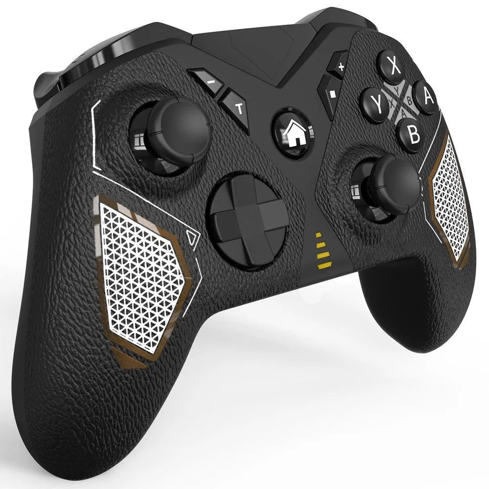 Black wireless Bluetooth game controller with ergonomic shape for Nintendo Switch, PC and smartphone.