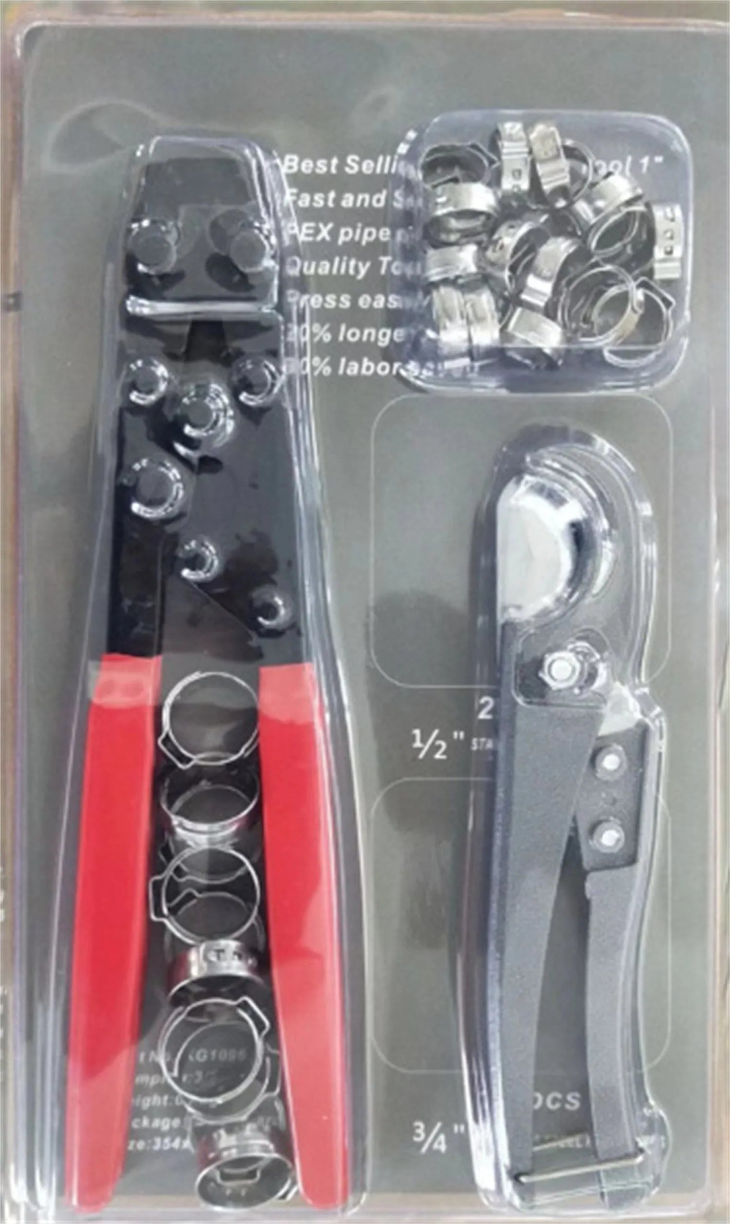 Red cloth single ear PEX clamp set with metal construction and carbon steel cutting edge