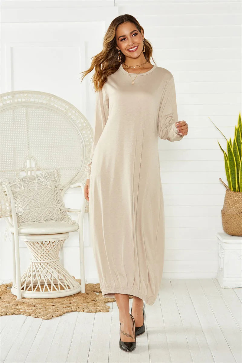 Black lantern dress with lace-up crew neck and loose silhouette for casual wear