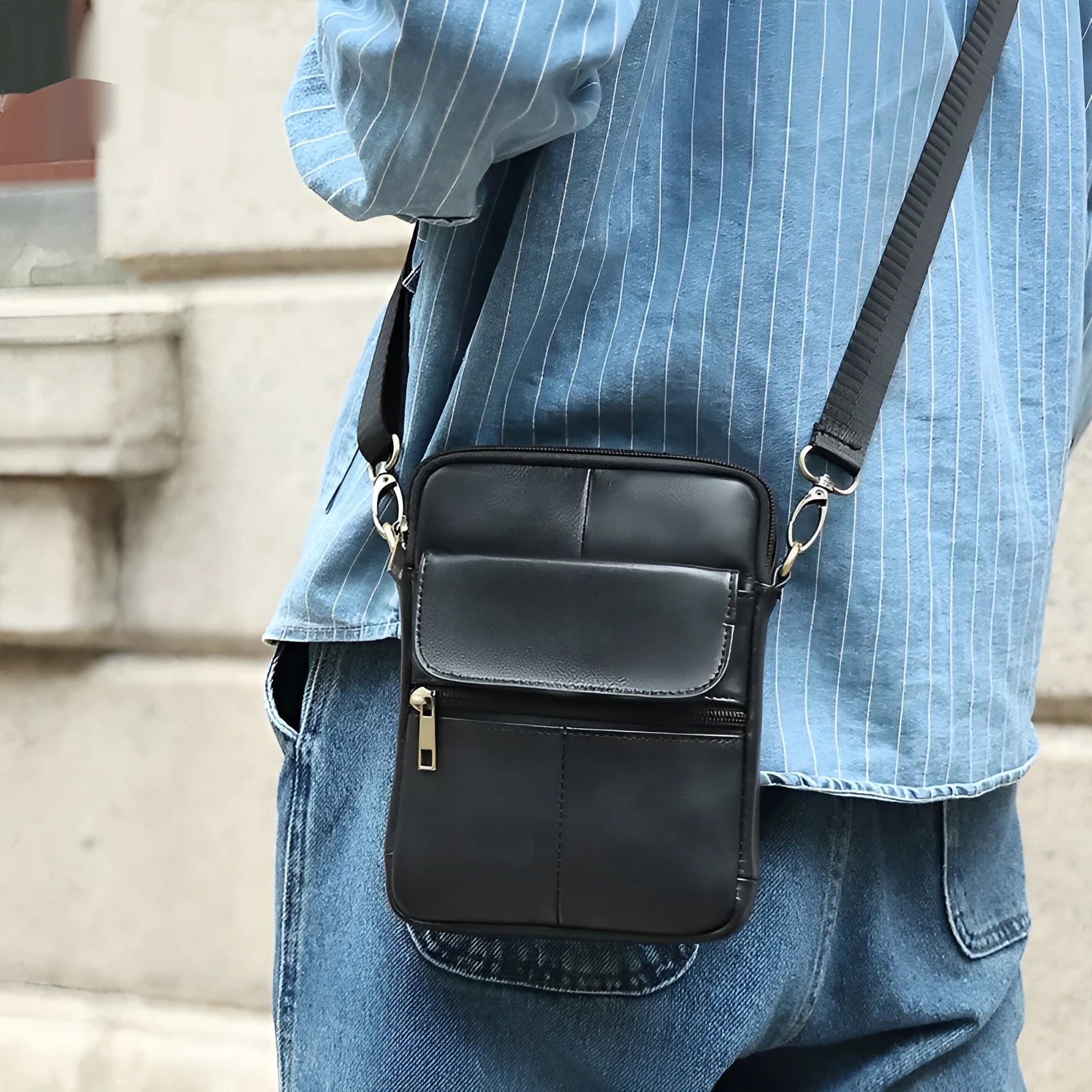 Men's brown genuine leather crossbody shoulder bag with visible stitching details
