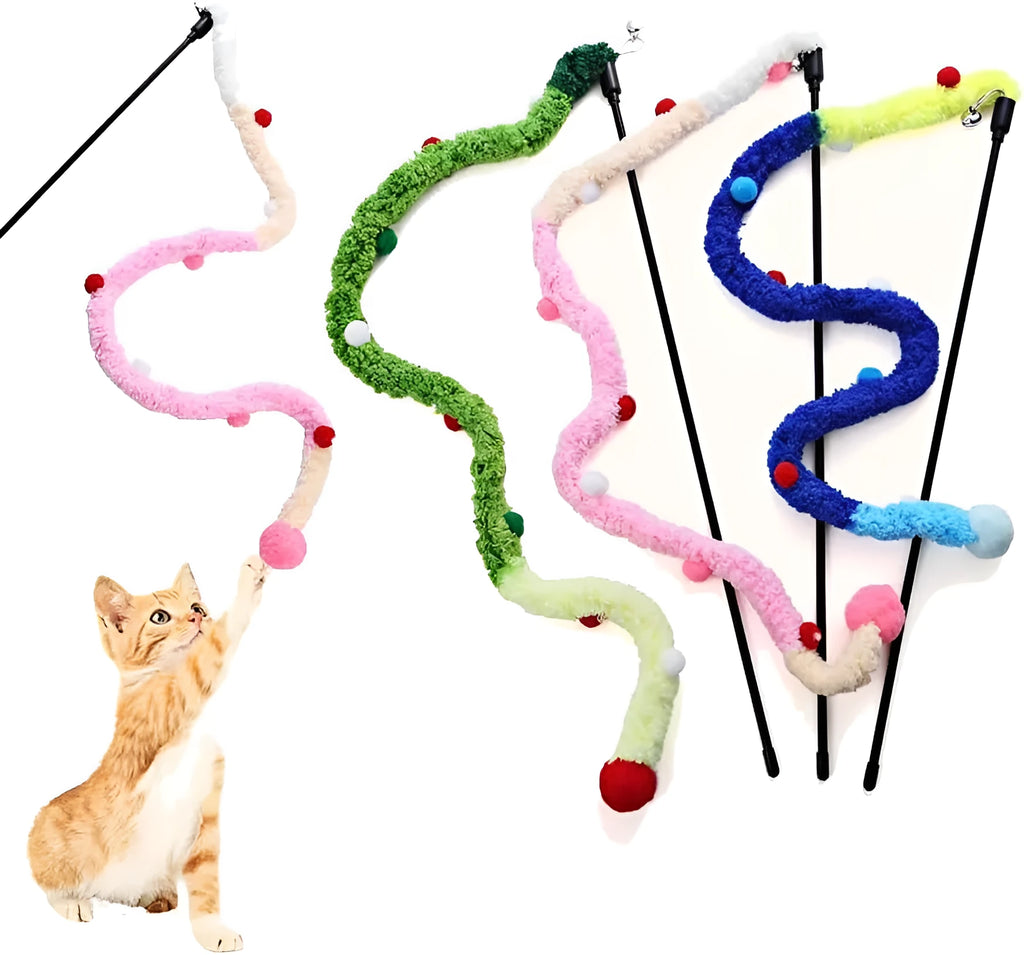 Cat wand toy with plush strip and colourful balls with bells for interactive feline play