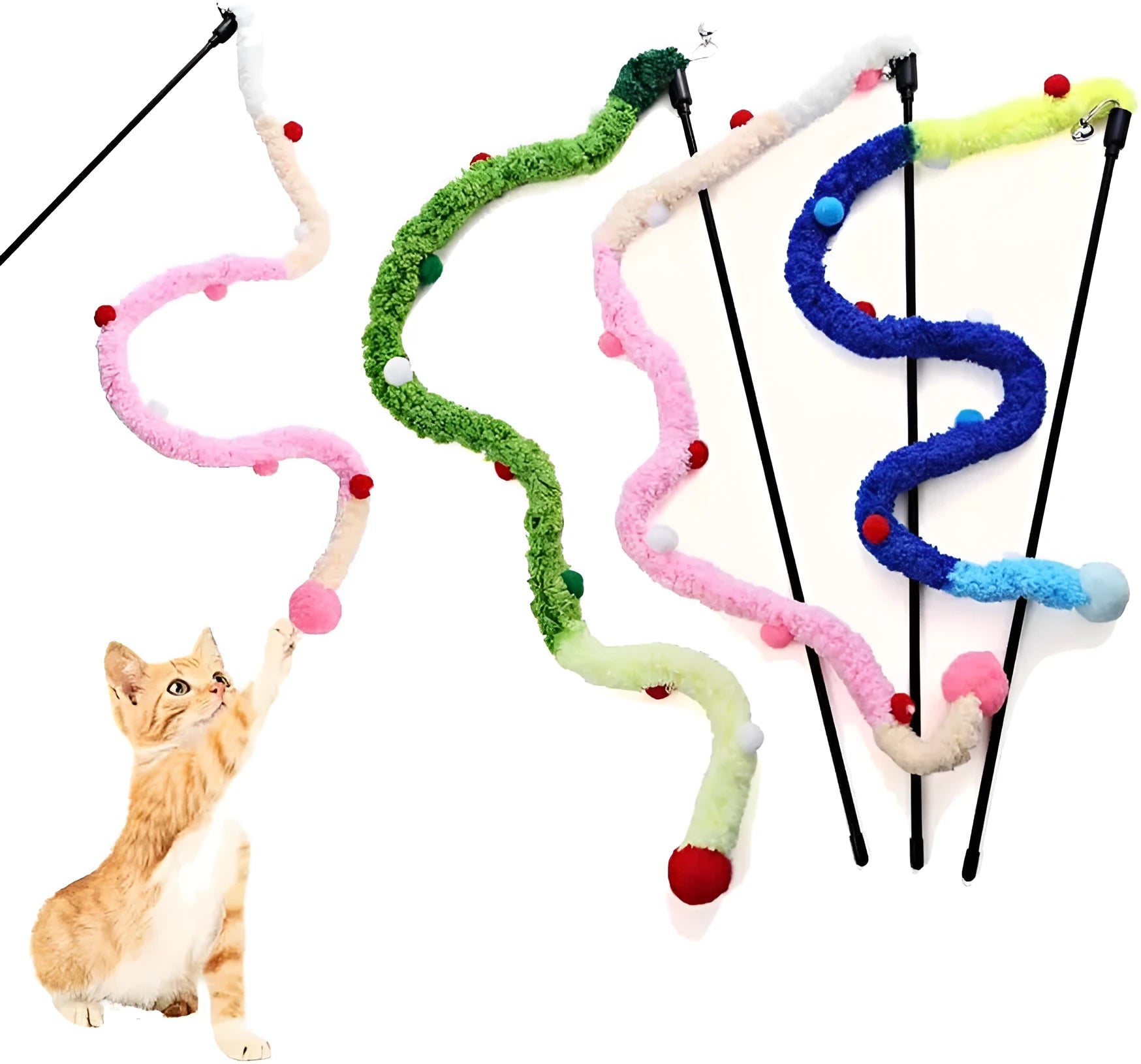 Cat wand toy with plush strip and colourful balls with bells for interactive feline play