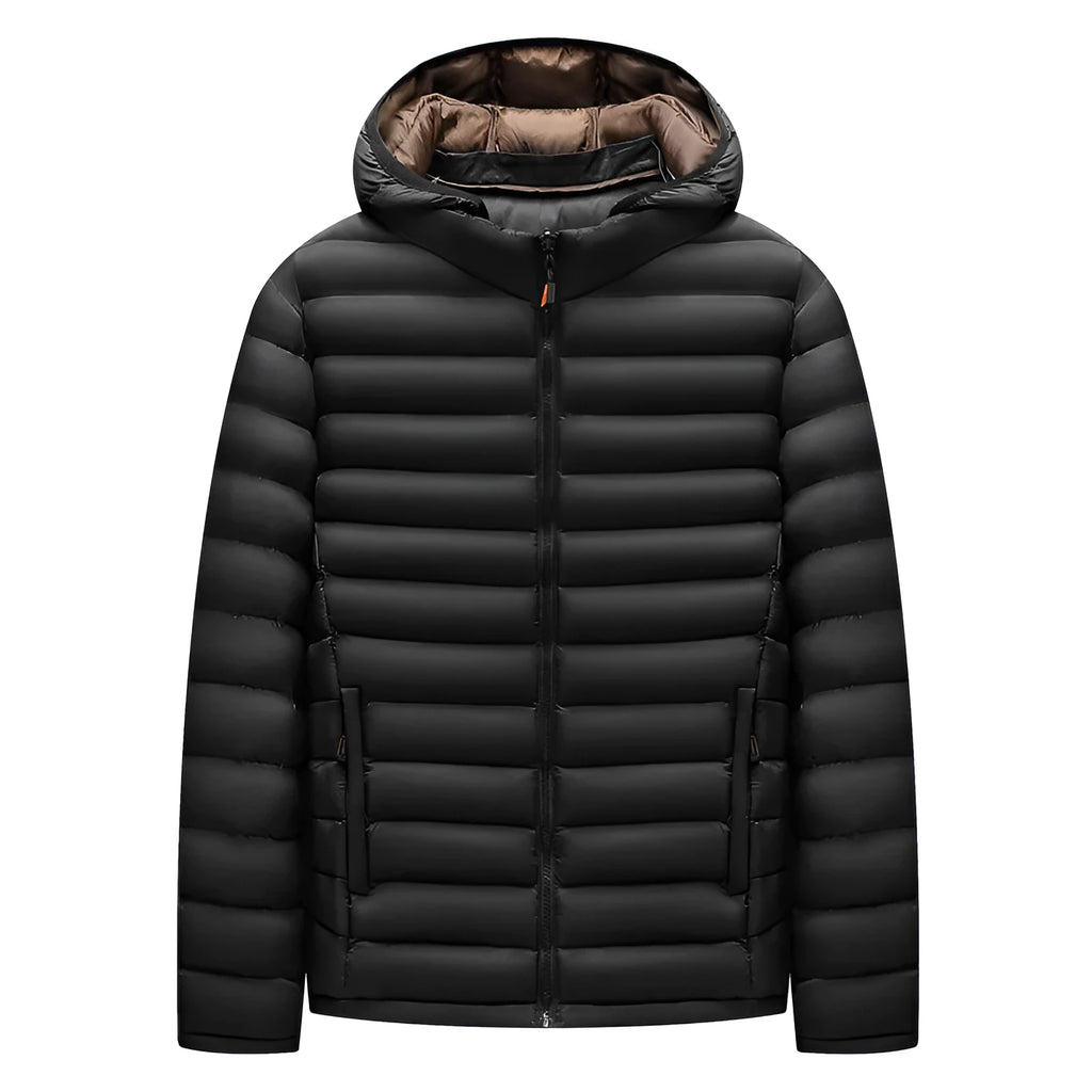 Men's lightweight hooded down jacket in army green with detachable collar and zipper pockets