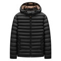 Men's lightweight hooded down jacket in army green with detachable collar and zipper pockets