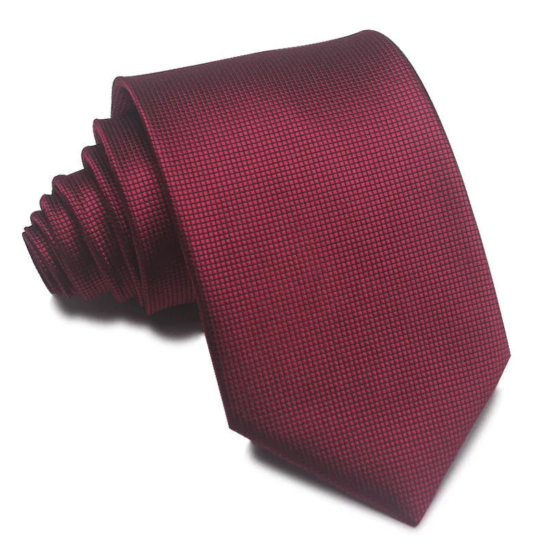 Man's red, black, and blue striped jacquard business tie with an 8cm width.