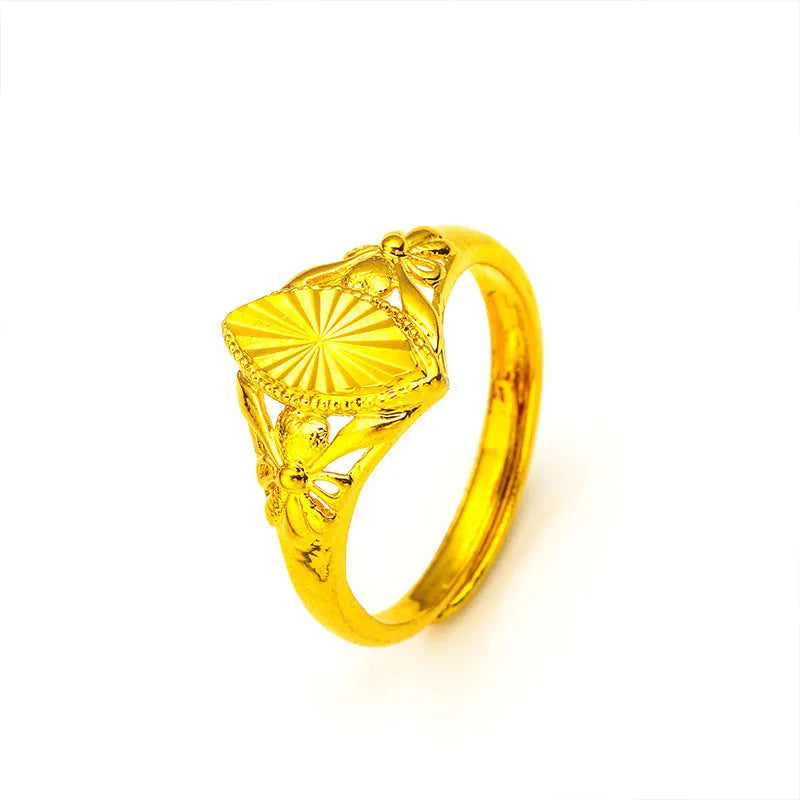 Geometric open ring with textured diamond flower pattern in electroplated gold finish