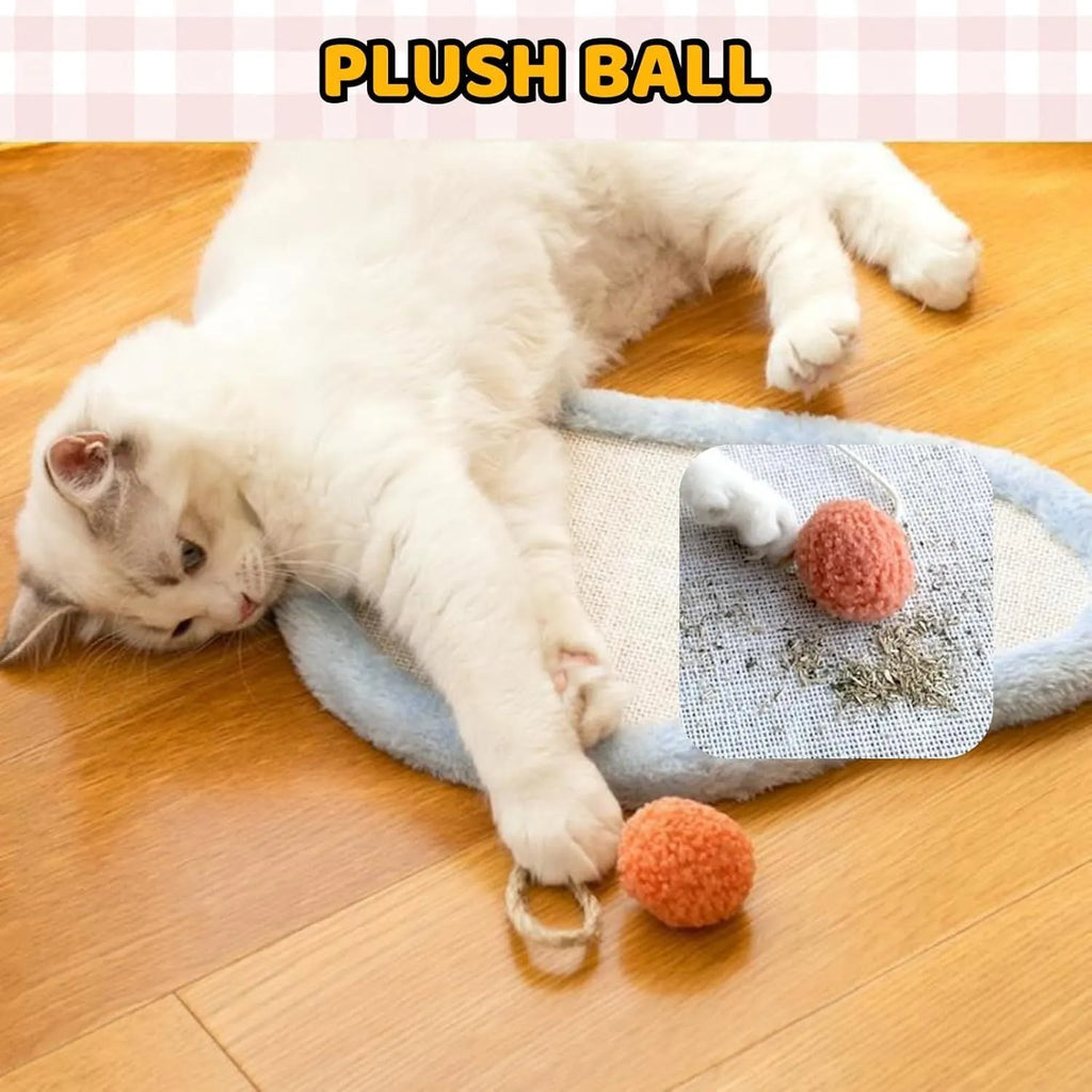 White natural sisal cat scratching mat with cartoon sleeping cat design, wall mounted