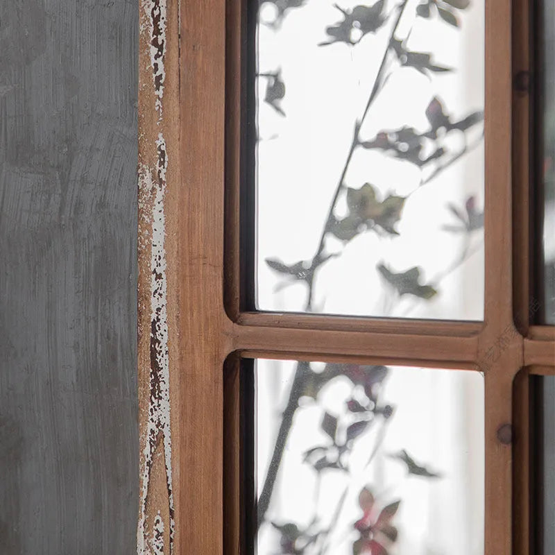 Terrace style distressed wooden frame wall mirror with log colour finish and glass panels