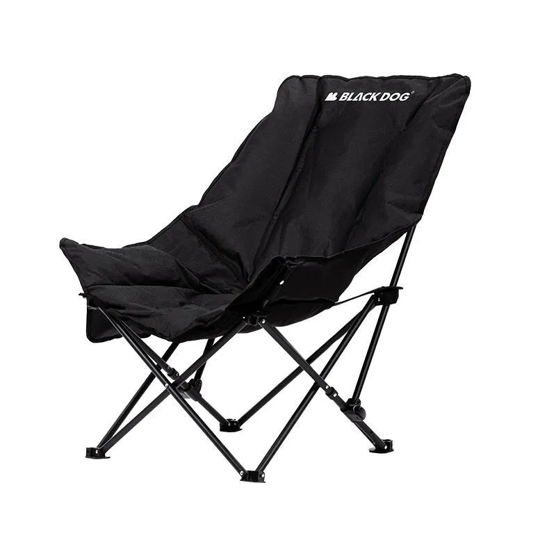 Night black folding moon chair with Oxford cloth seat shown folded and unfolded