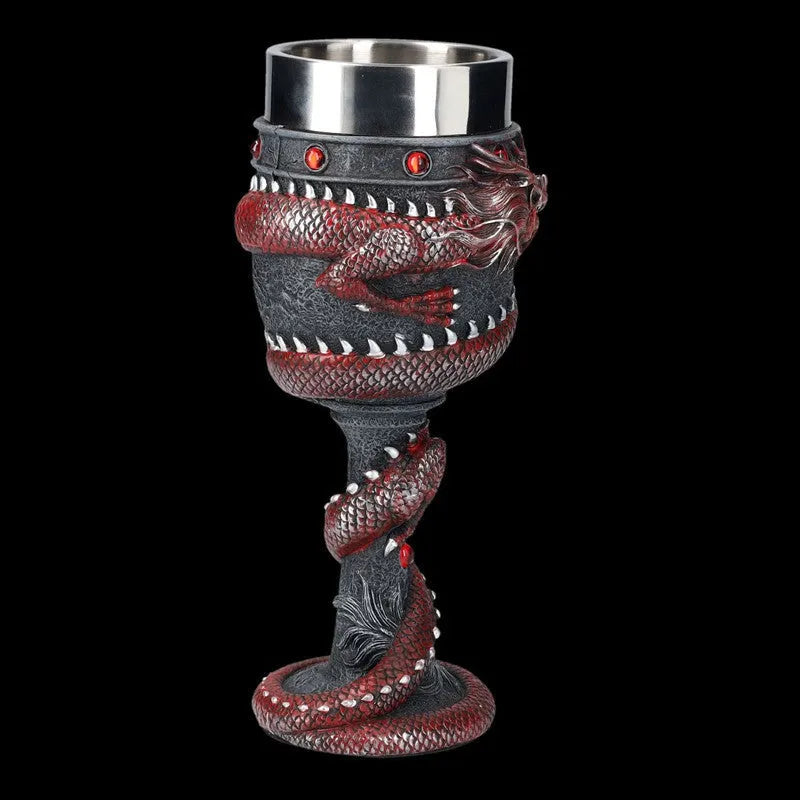 Gold and red Chinese dragon design wine glass with stainless steel stem and 200ml capacity