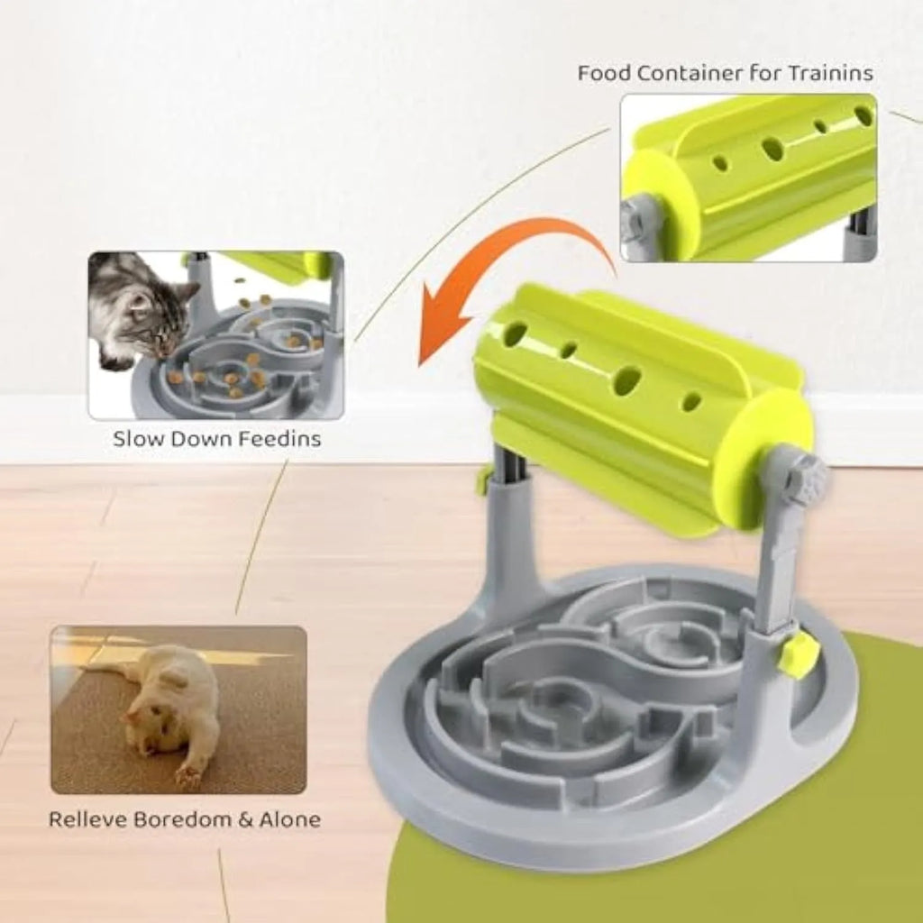Interactive pet puzzle slow feeder bowl with adjustable height in blue green pink colours