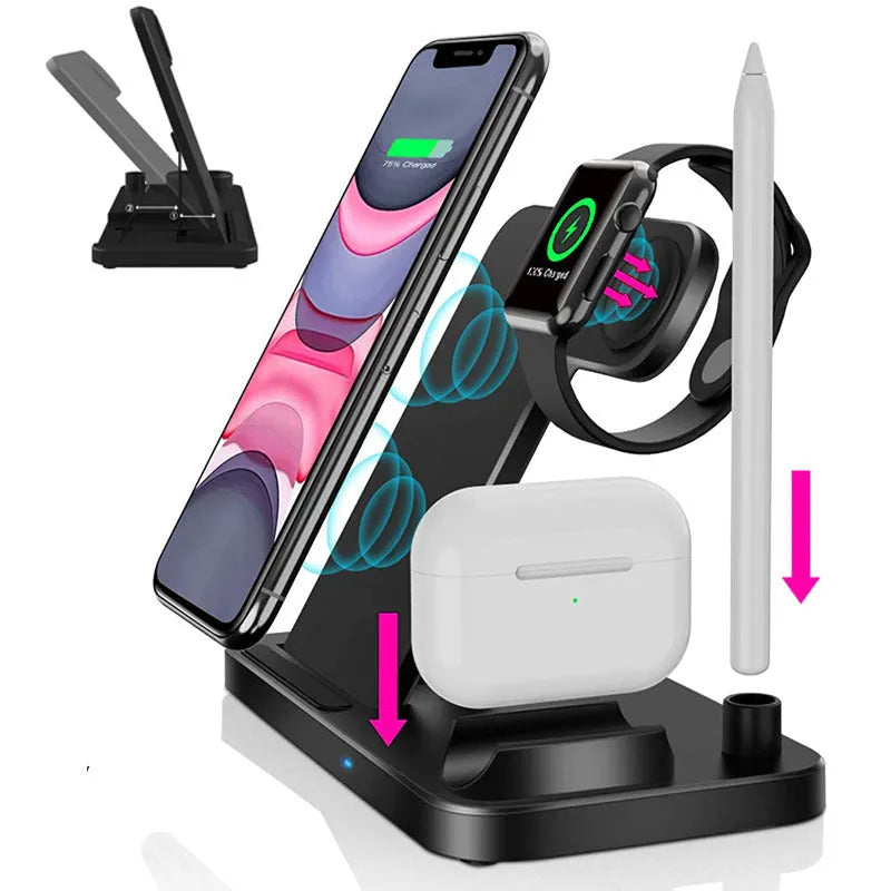 Black folding 4-in-1 wireless charger with vertical stand design for Apple devices