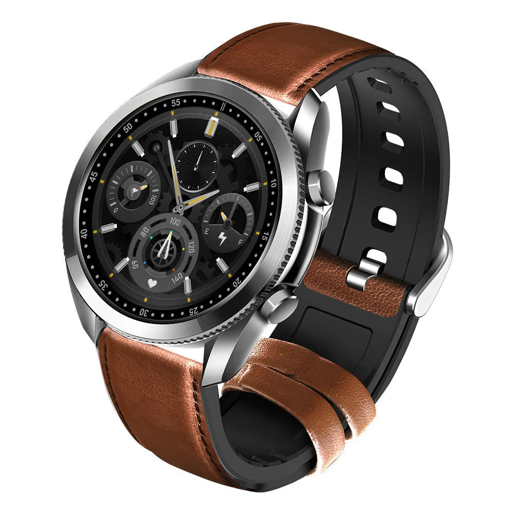 UM90 black smart watch with leather strap showing large screen displaying heart rate and fitness data.