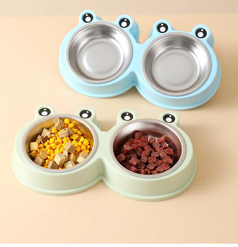 Stainless steel pet double feeding bowl in blue, green, or pink colour for cats and dogs.