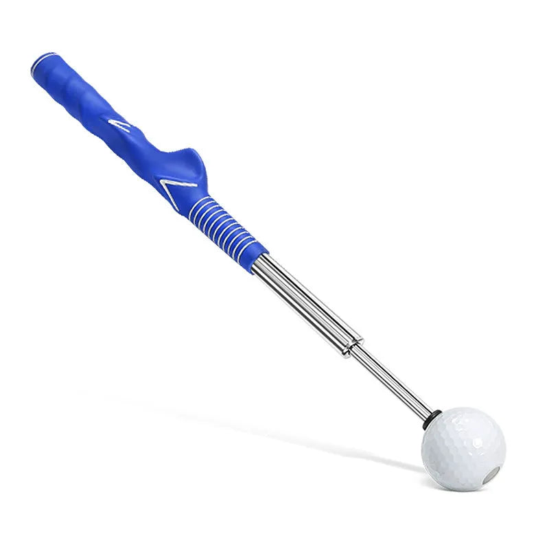 Telescopic stainless steel golf swing simulator trainer in black, blue, or red colour.